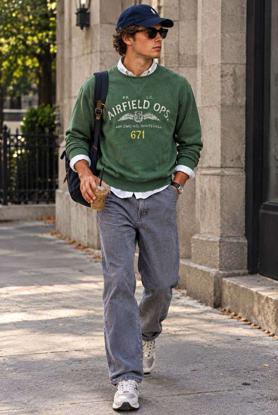 Vintage Polo by Ralph Lauren Green Airfield Ops 671 Graphic Crewneck Mens M